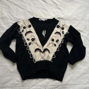 Black and white vintage beaded and embroidered angora blend sweater knit Size XL